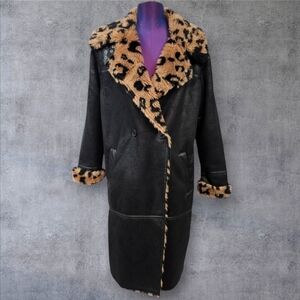 Avec Les Filles Crackle Faux Suede Animal Print Sherpa Midi Coat Size Medium